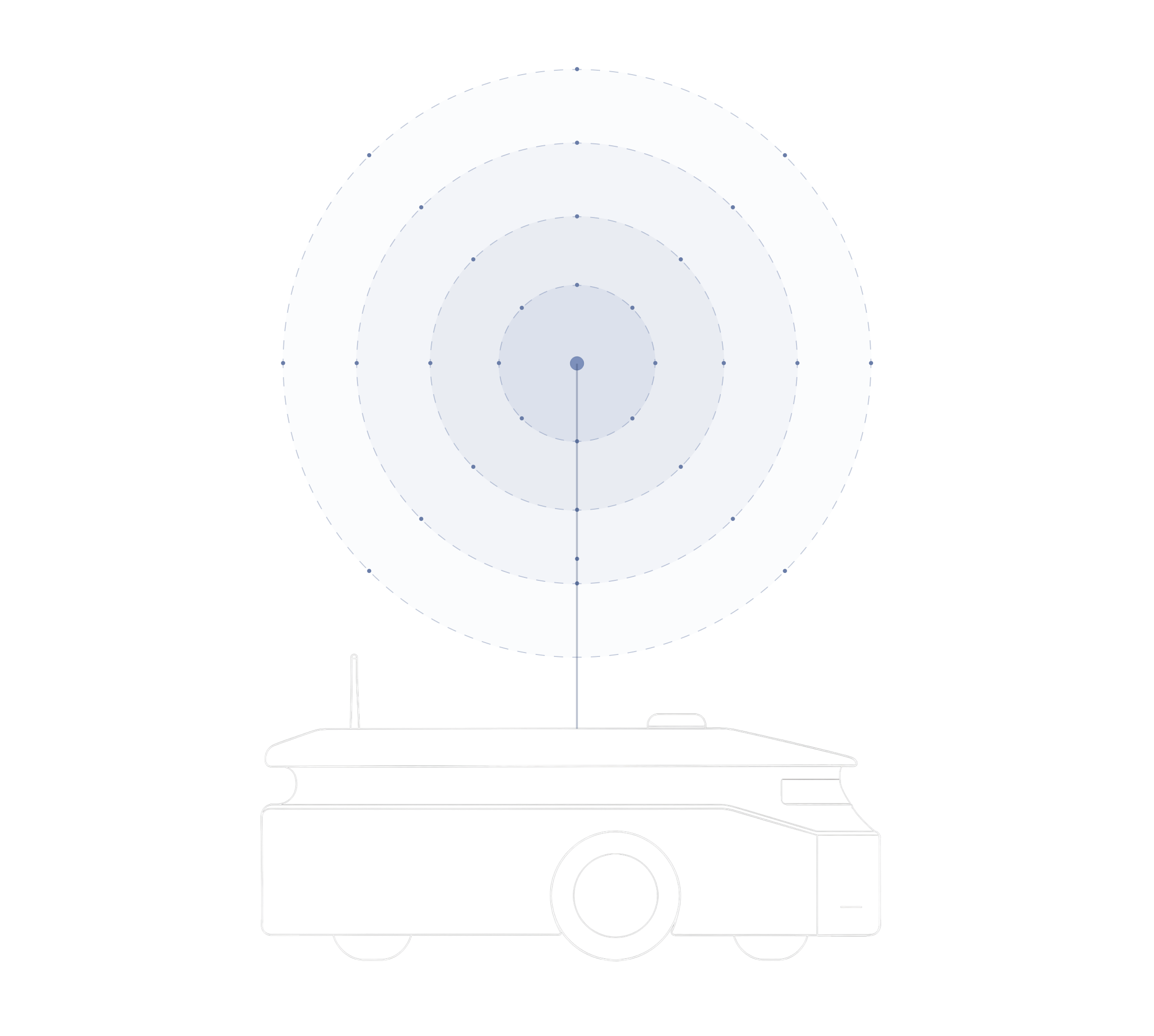 R-142 paused under a blue standby signal — ready and awaiting the operator's confirmation