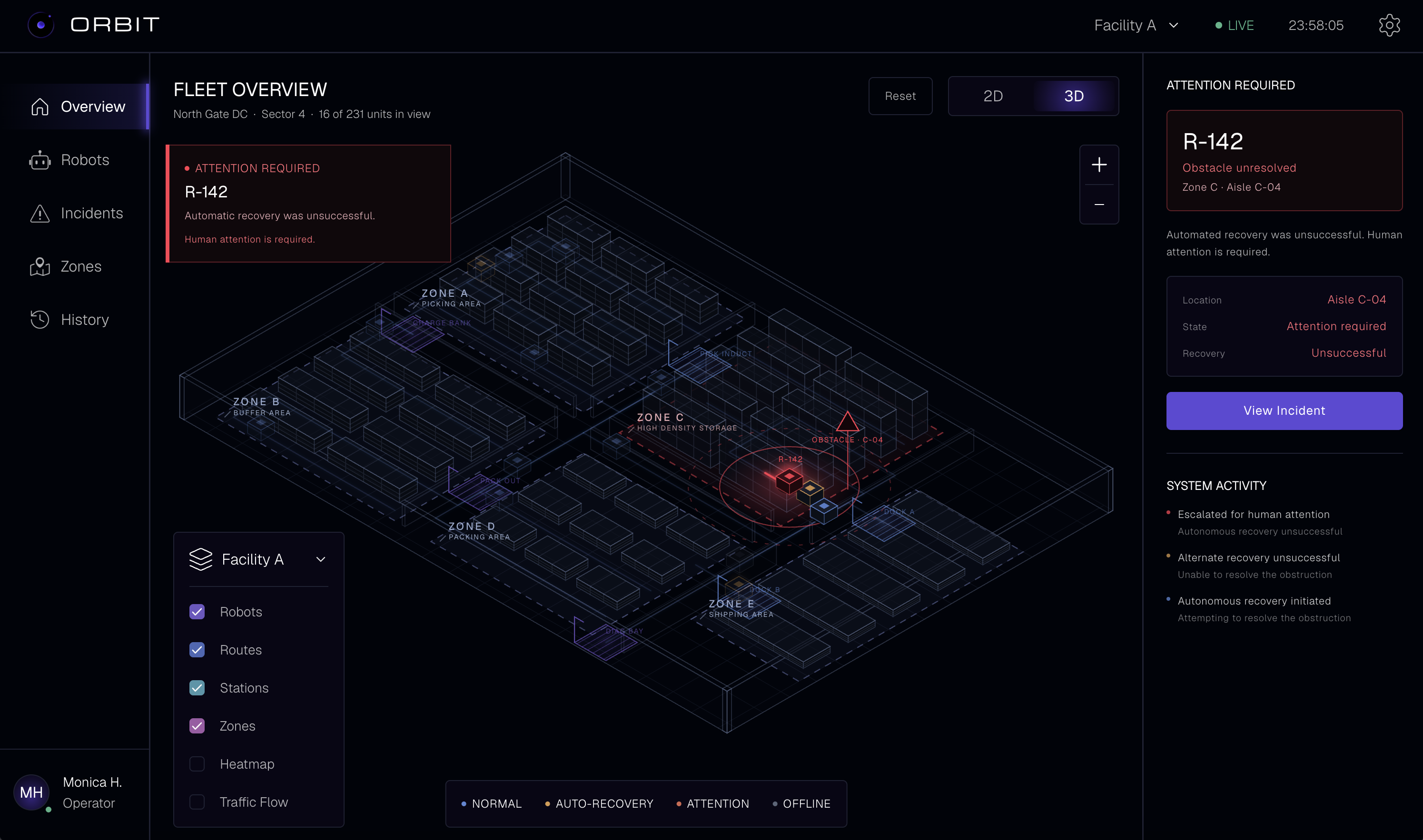 UNDERSTAND — incident review screen with R-142's obstruction detail and recovery timeline