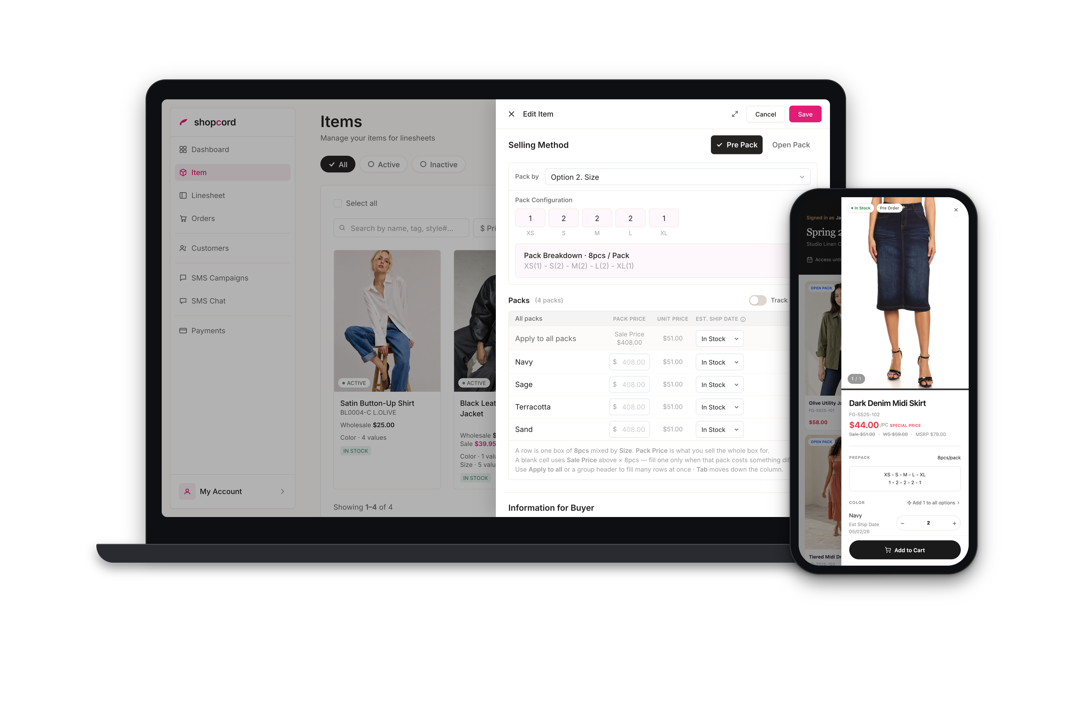 Shopcord Linesheet — platform interface mockup