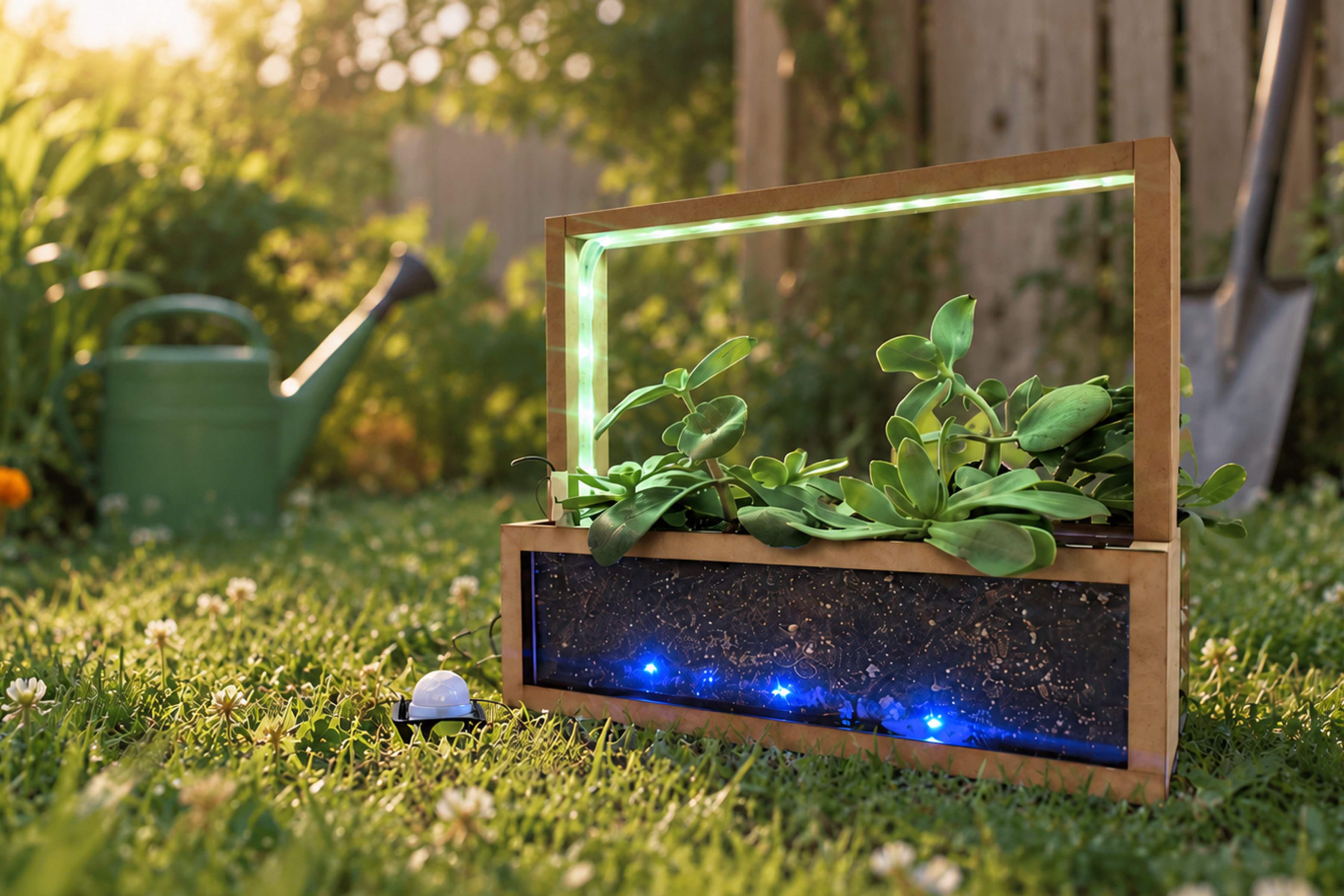 The Smart Garden planter: wooden frame with LED strip, succulents, and lit soil bed