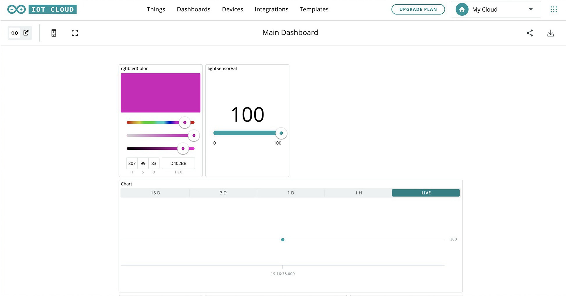Arduino IoT Cloud main dashboard with color and value controls